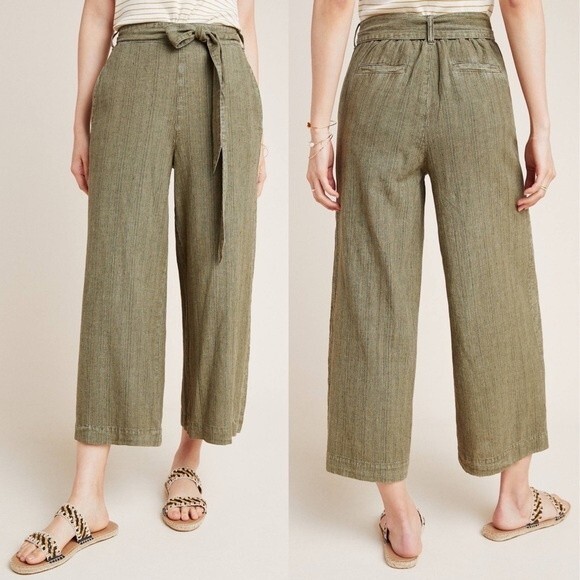 Anthropologie Overdyed Cropped Wide-Leg Lagenlook Pants Olive Stripe Size Small - Picture 1 of 16